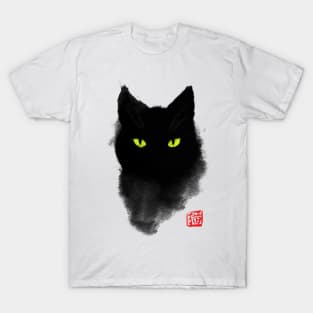 Black Cat Ink - Japanese watercolor style - Mystery Gaze T-Shirt